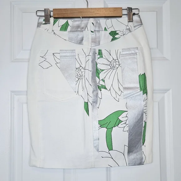 Phillip Lim Floral White Green/Silver Metallic Denim Jean Skirt NWT XS 0 - Picture 5 of 8